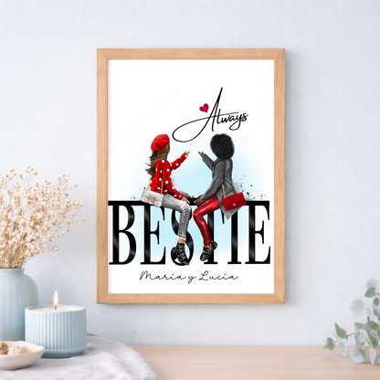 Cuadro o lámina personalizada para mejores amigas estilo cartel – Regalo con ilustración y nombre