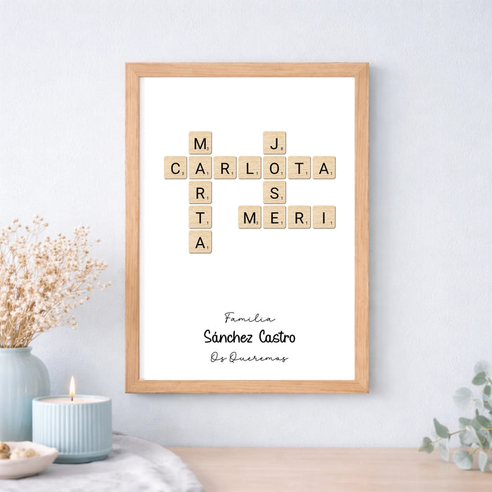 Cuadro o lámina personalizada estilo Scrabble con nombres – Regalo elegante