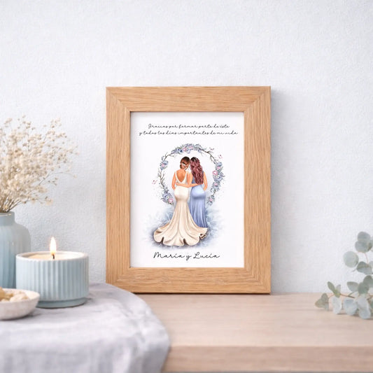 Cuadros personalizados y  láminas con ilustración dama de honor y novia - Arco