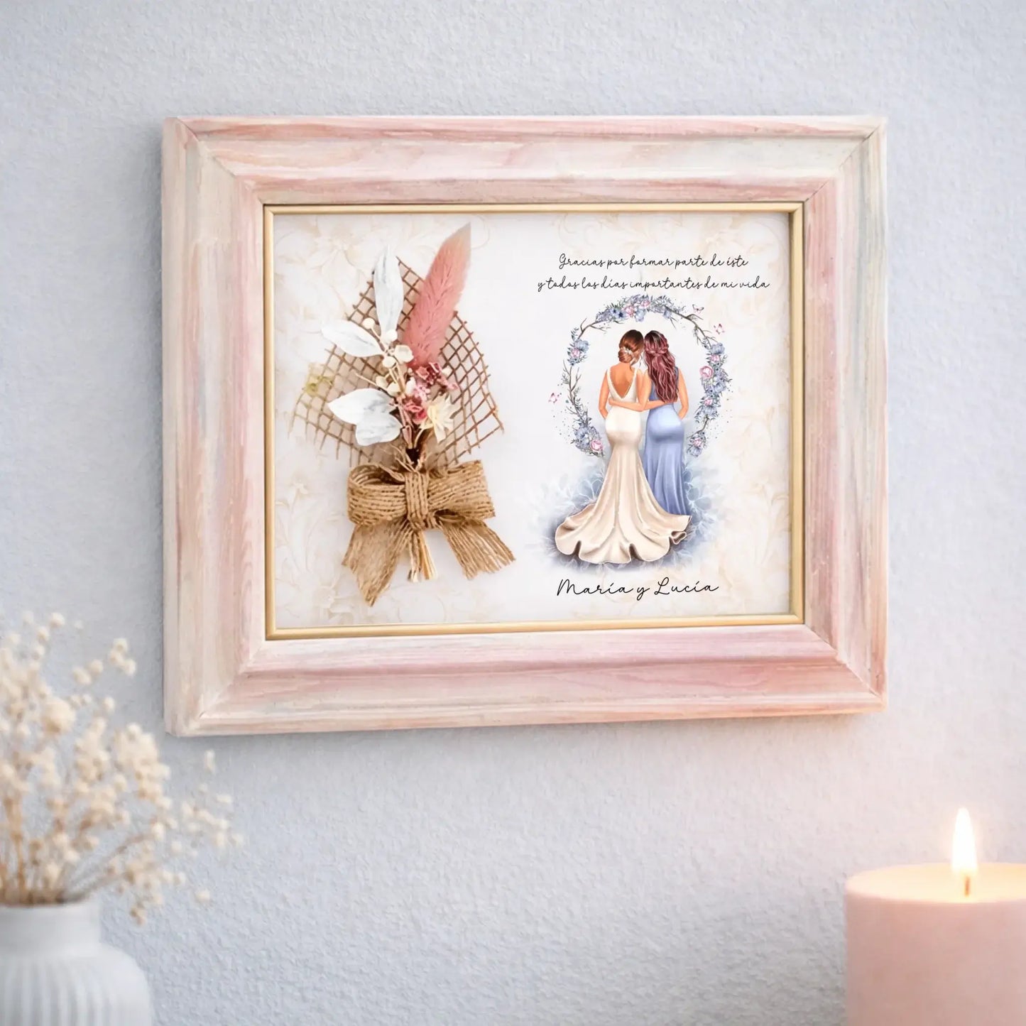 Cuadro Rústico con Flores Preservadas e Ilustración Novia y Dama - Arco