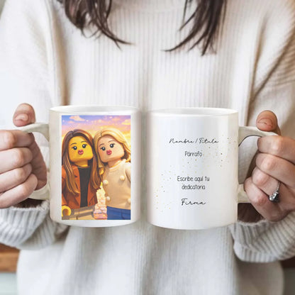 taza personalizada con ilustración estilo lego y dedicatoria