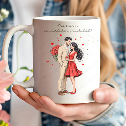 Taza personalizada con ilustración de pareja fitness y nombres para regalo de San Valentín.