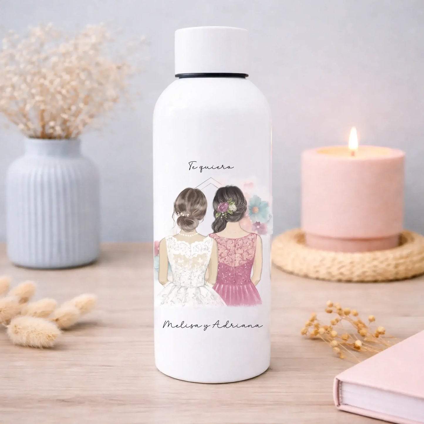 Botella termo personalizada para dama de honor y novia con nombre – Regalo con ilustración acuarela paint