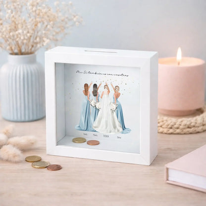 Hucha personalizada para damas de honor y novia con nombre – Regalo con ilustración vestidos (1 a 10 chicas)