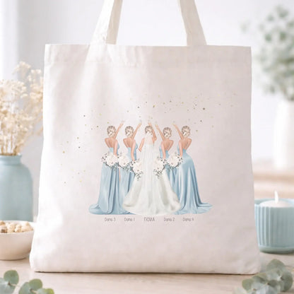 Bolsa tote personalizada para damas de honor y novia – Regalo con ilustración y nombre (1 a 10 chicas)