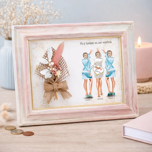 Cuadro personalizado para damas de honor preboda con bata – Regalo con ilustración floral