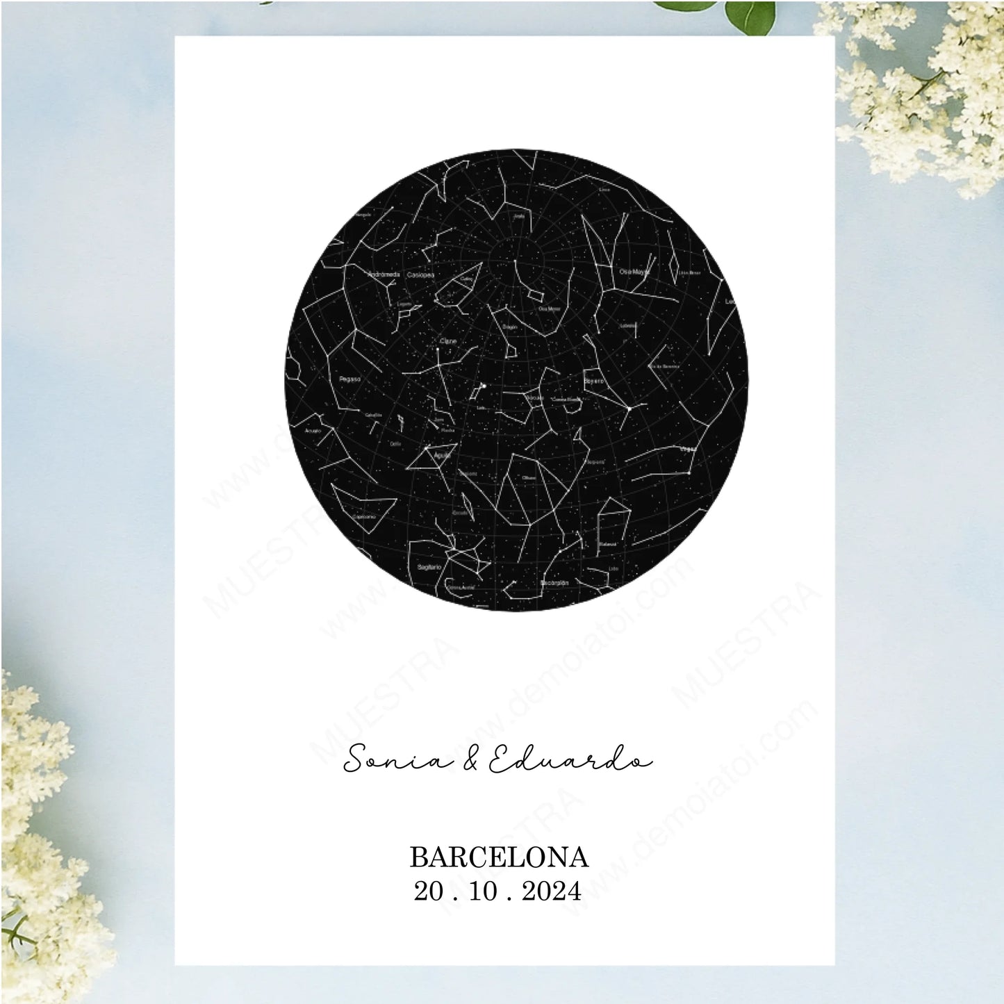 Lámina personalizada como regalo original para parejas con mapa estelar real y dedicatoria
