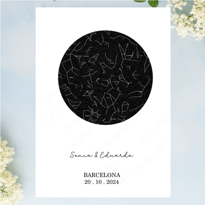 Lámina personalizada como regalo original para parejas con mapa estelar real y dedicatoria