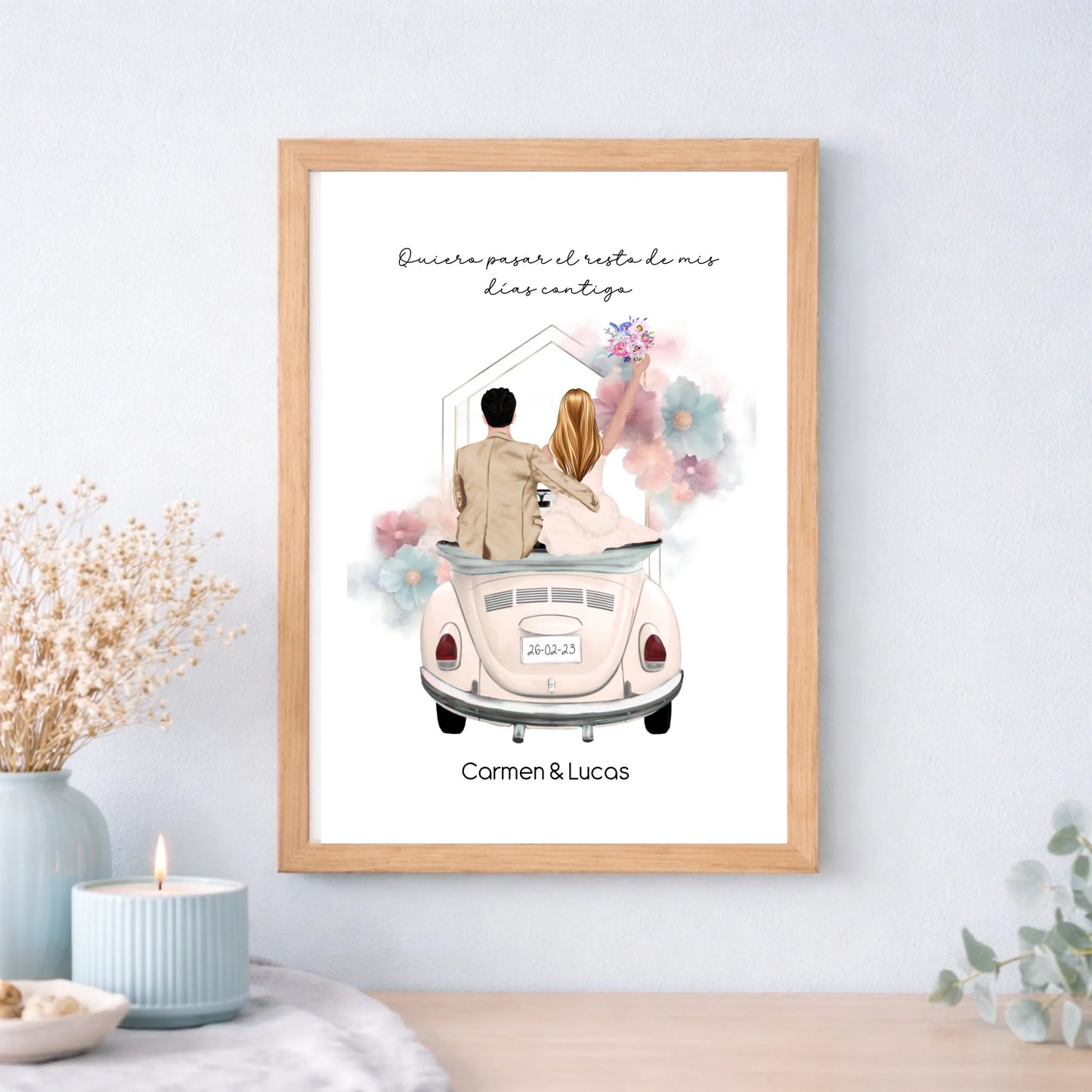 Cuadro o lámina personalizada de boda con coche – Regalo con ilustración y nombre