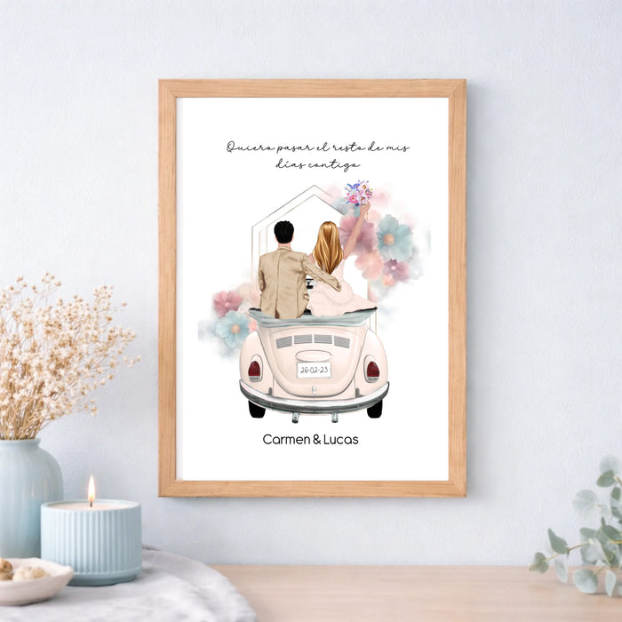 Cuadro o lámina personalizada de boda con coche – Regalo con ilustración y nombre