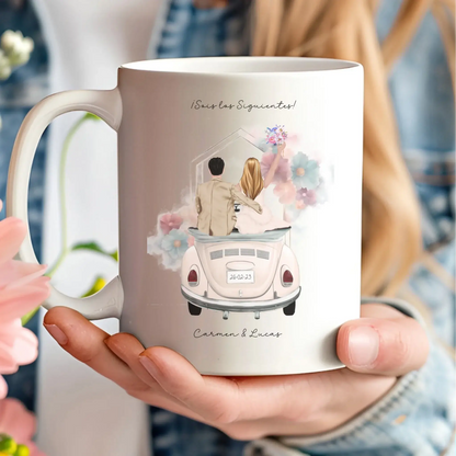 Taza personalizada de boda con coche antiguo o moderno – Regalo con ilustración y nombre