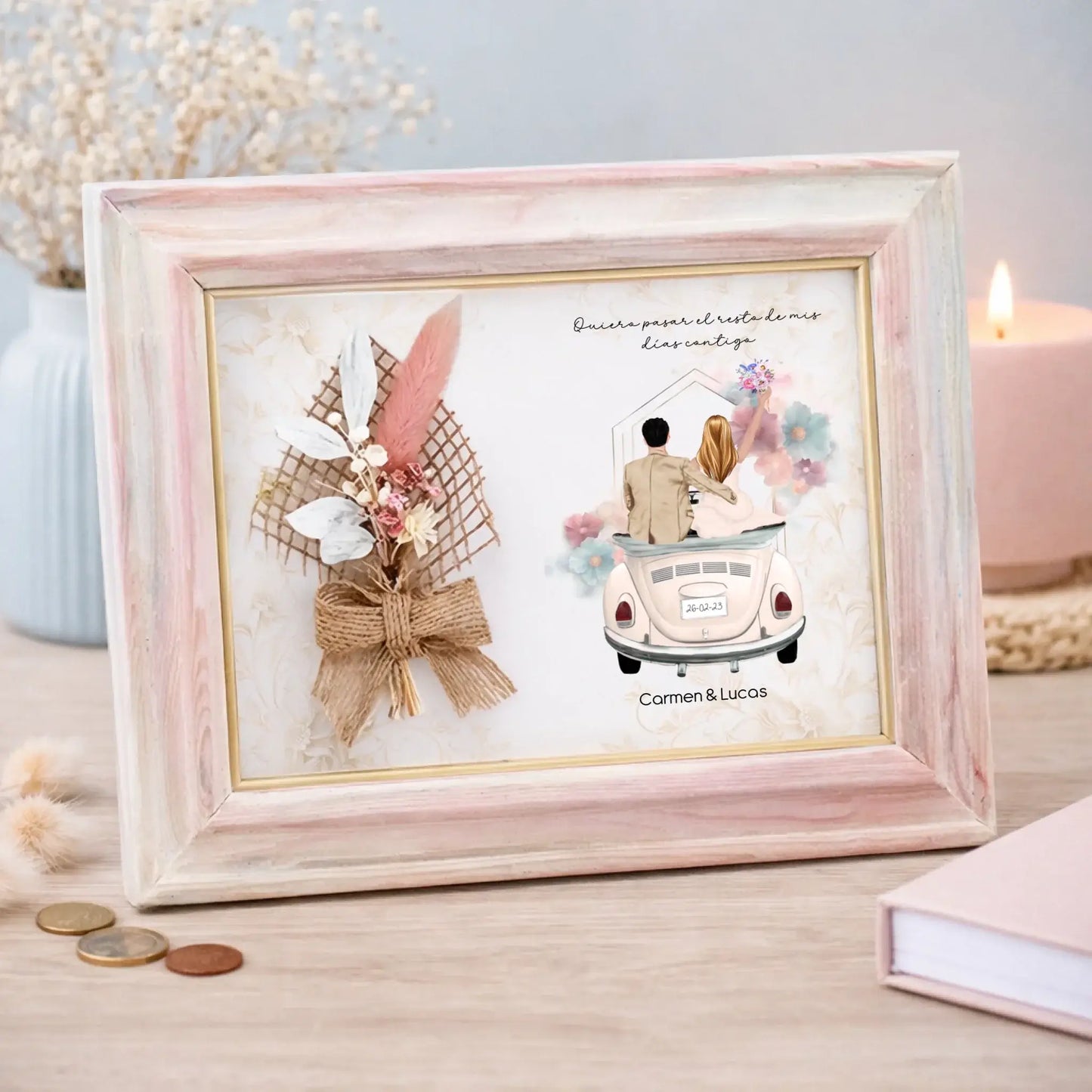 Cuadro personalizado de boda con flores y coche antiguo o moderno – Regalo con ilustración y nombre