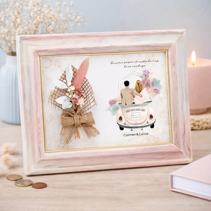 Cuadro personalizado de boda con flores y coche antiguo o moderno – Regalo con ilustración y nombre