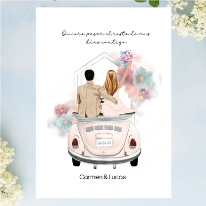 Lámina personalizada como regalo original con ilustración de novios, nombres y dedicatoria