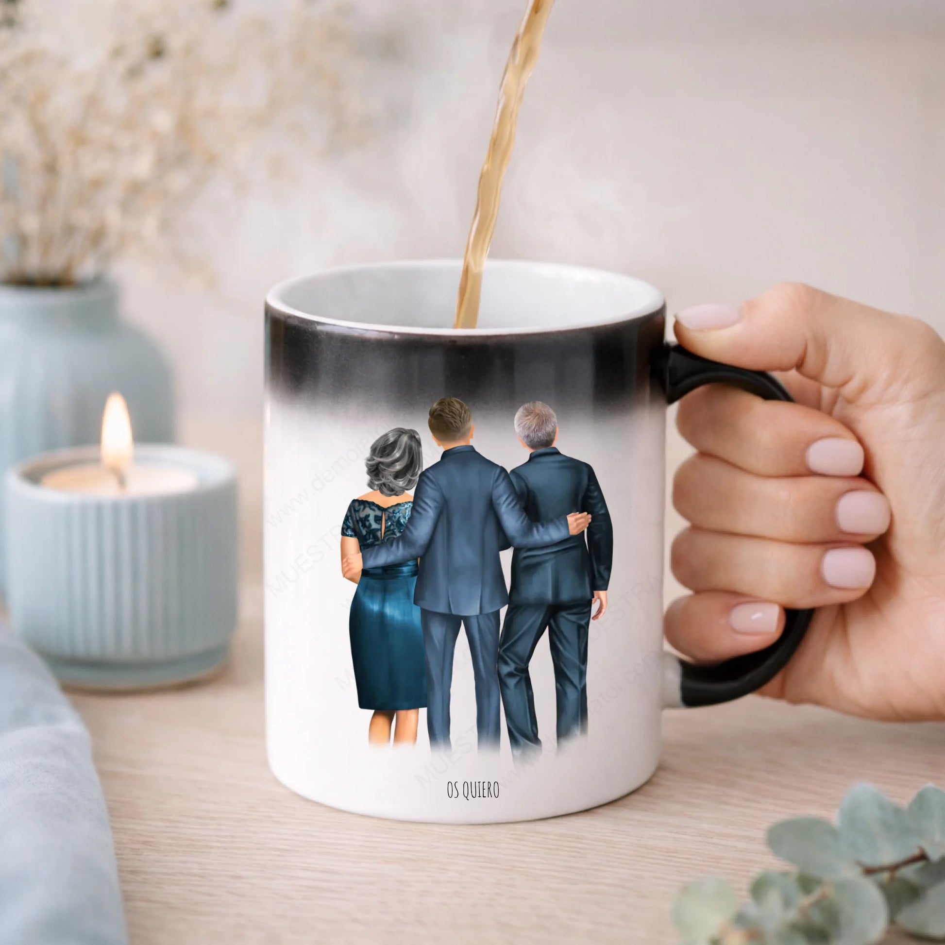 Taza mágica familia de boda con ilustración