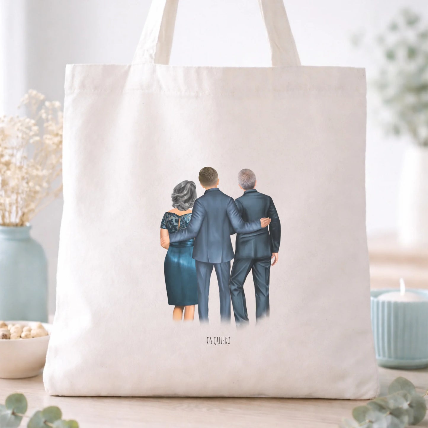 Totebag boda personalizada con ilustración familia