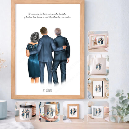 Regalo personalizado boda novio y padres – Ilustración editable con nombres y dedicatoria