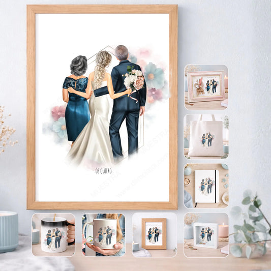 Regalo personalizado boda novia y padres – Ilustración editable con nombres y dedicatoria