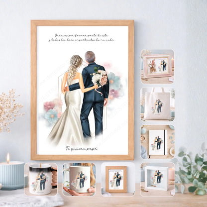 Regalo personalizado boda novia y padrino – Ilustración editable con nombres y dedicatoria