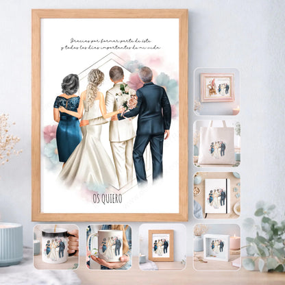 Regalo personalizado padres de los novios, padrinos o testigos – Ilustración editable con nombres y dedicatoria