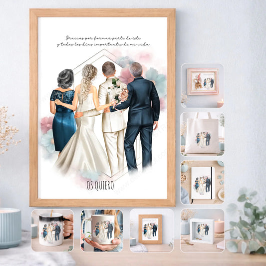 Regalo personalizado padres de los novios, padrinos o testigos – Ilustración editable con nombres y dedicatoria