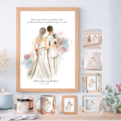 Regalo personalizado boda novios y “los siguientes” – Ilustración editable con nombres y dedicatoria