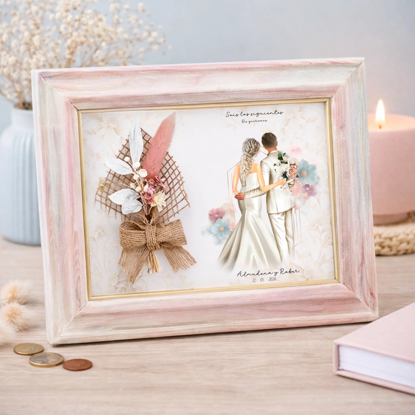 Marco con flores personalizado boda novios