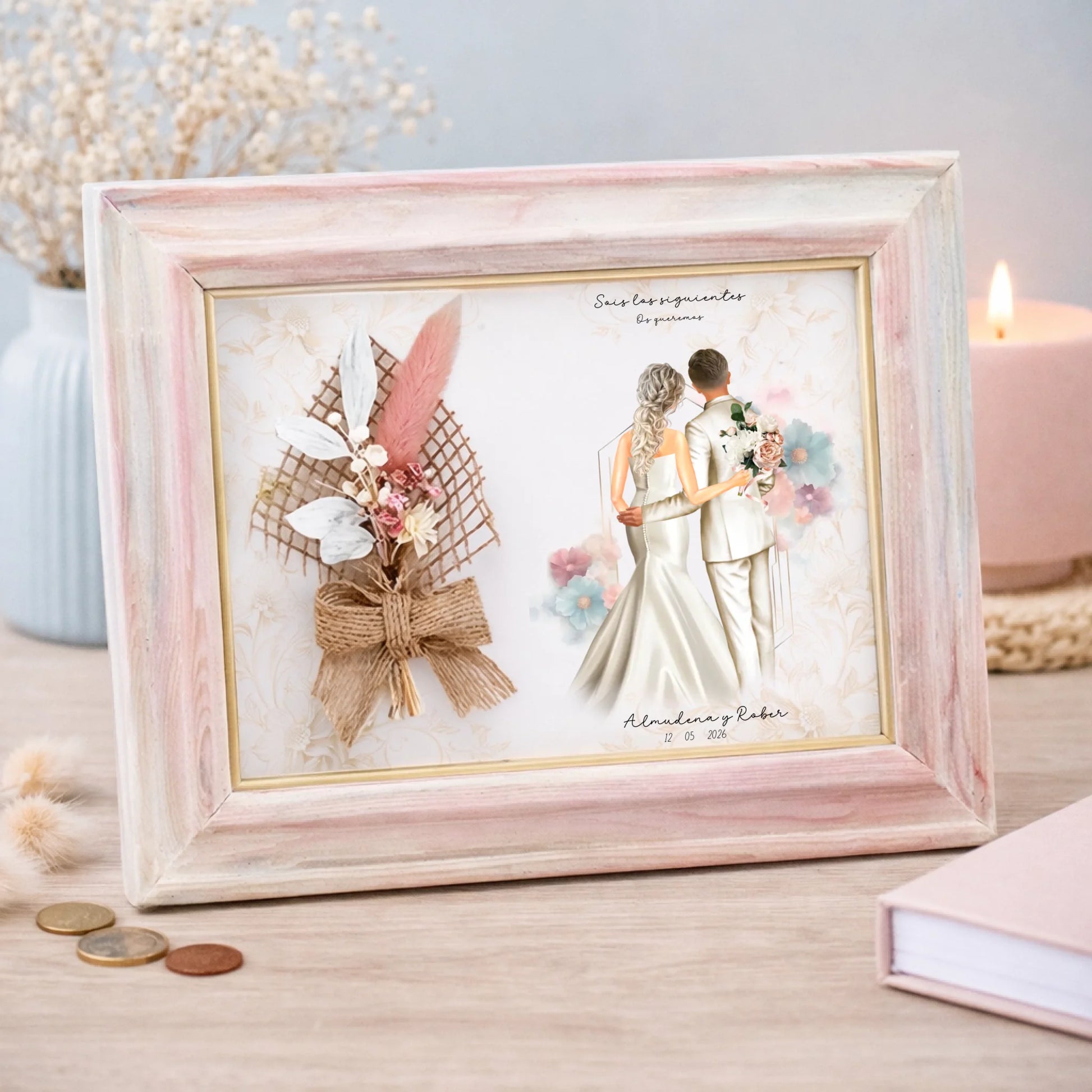 Marco con flores personalizado boda novios