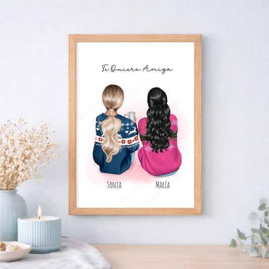 Cuadro o lámina personalizada para amigas con nombre – Regalo con ilustración de invierno