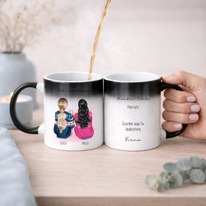 Taza personalizada con dedicatoria e ilustración amigas y hermanas
