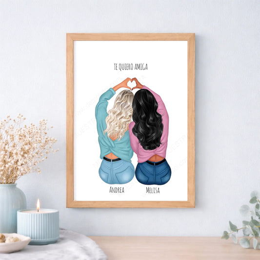 Cuadros perosnalizados y láminas con ilustración de mejores amigas sentadas con corazón