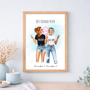 Cuadro o lámina personalizada amigas estilo nube de azúcar – Regalo con ilustración y nombre