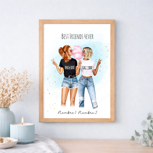 Cuadro o lámina personalizada amigas estilo nube de azúcar – Regalo con ilustración y nombre