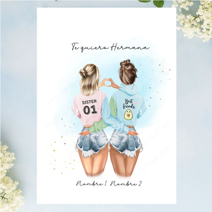 Lámina personalizada con ilustración mejores amigas y hermanas como regalo original