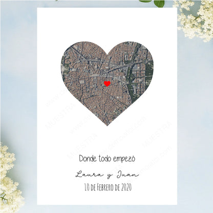 Lámina impresa personalizada con mapa gps corazón como regalo original enamorados