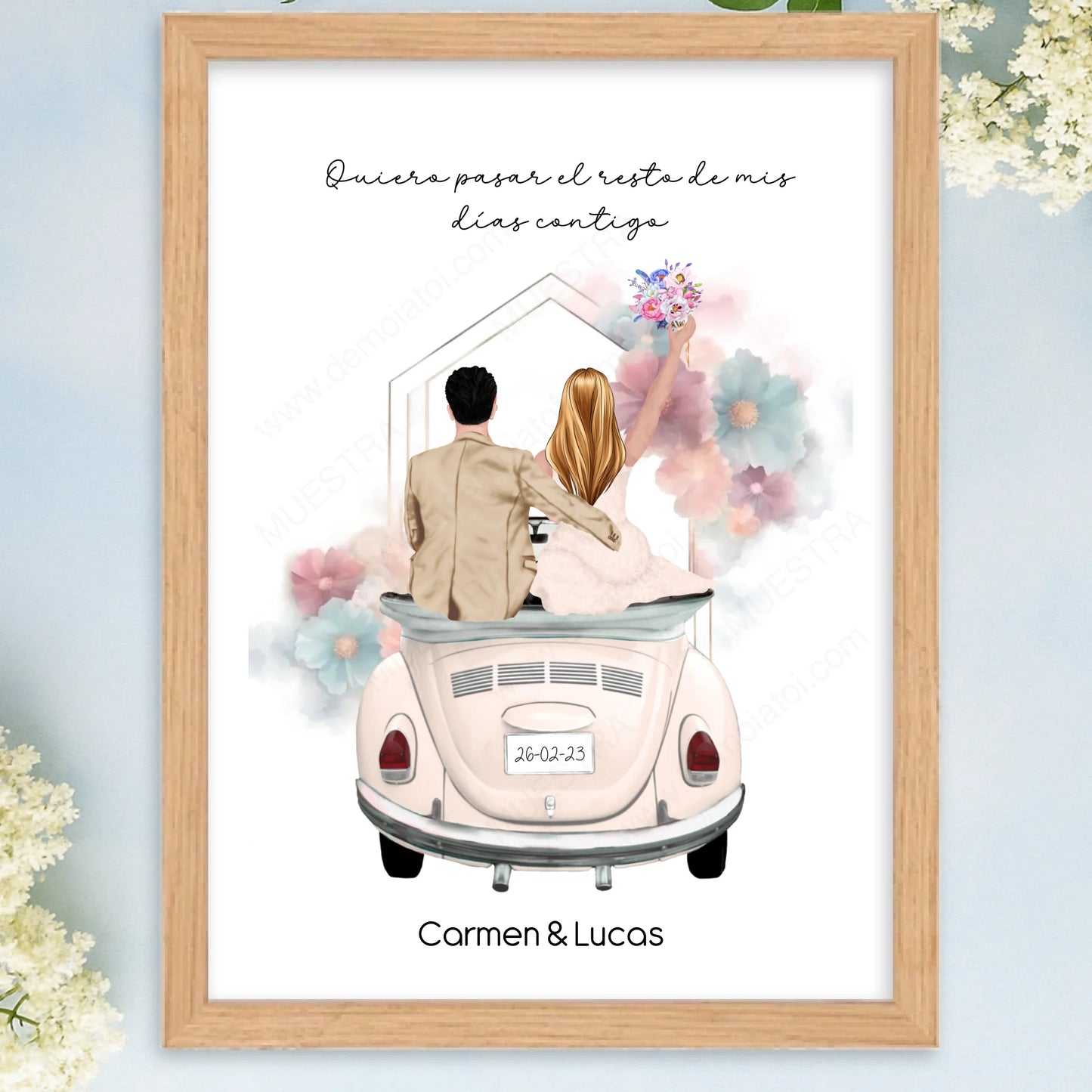 Cuadro personalizado regalo original boda con ilustración nombres y dedicatoria