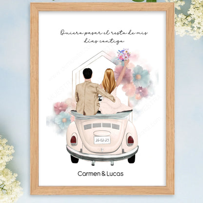 Cuadro personalizado regalo original boda con ilustración nombres y dedicatoria