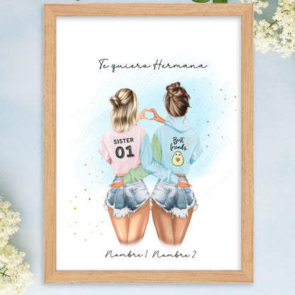 Cuadro con ilustración de mejores amigas y hermanas como regalo original personalizado