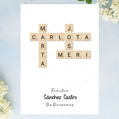 Lámina personalizada regalo original con juego scrabble nombres y dedicatoria