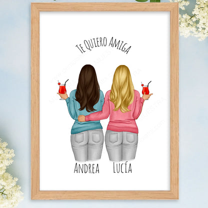 Cuadro personalizado con ilustración editable en vivo para mejores amigas y hermanas
