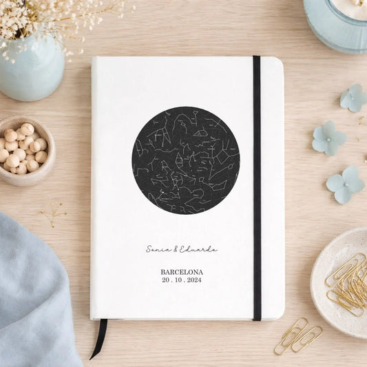 Libreta A5 tapa dura personalizada con mapa estelar – Regalo con nombre y fecha