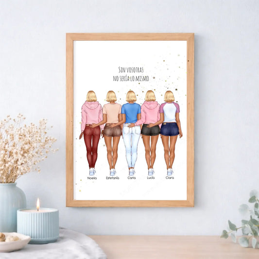 Lámina o cuadro personalizado grupo de amigas – Regalo con ilustración editable y nombre