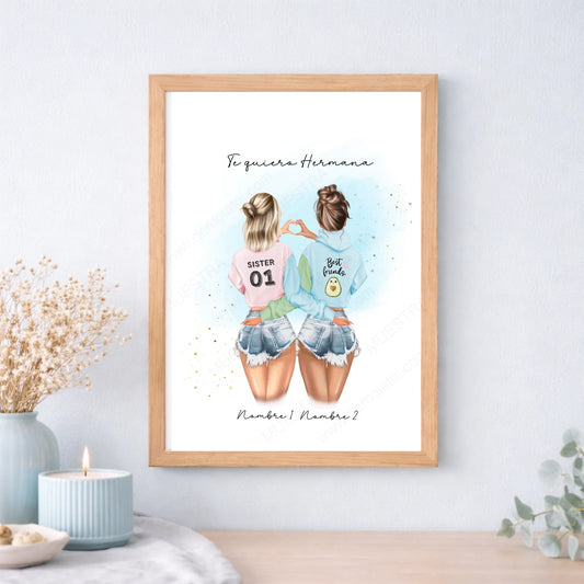 Cuadro o lámina personalizada para amigas de espaldas con corazón – Regalo con ilustración y nombre