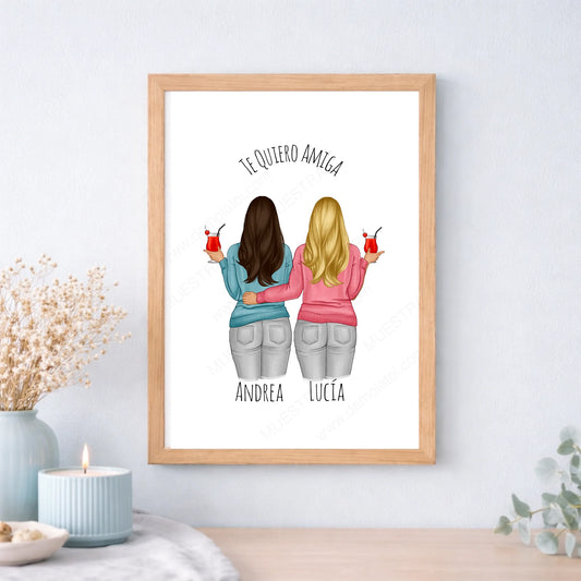 Cuadro o lámina personalizada para amigas y hermanas estilo cóctel – Regalo con ilustración y nombre