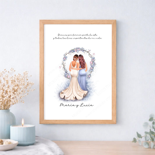 Lámina o cuadro personalizado para dama de honor y novia con nombre – Regalo con ilustración arco