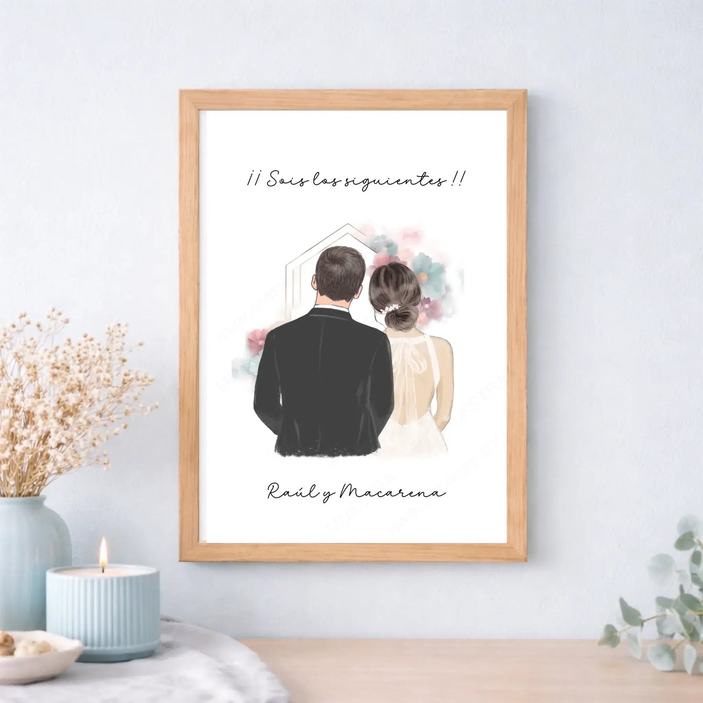 Cuadro o lámina personalizada para novios y “los siguientes” – Regalo original de boda con ilustración y nombre