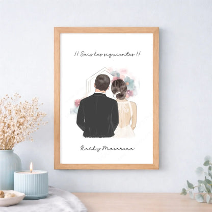 Cuadro o lámina personalizada para novios y “los siguientes” – Regalo original de boda con ilustración y nombre