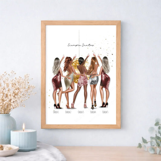 Ilustración personalizada de grupo de amigas con vestidos de fiesta (2/5 chicas)