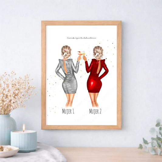 Ilustración personalizada de mejores amigas vestidas de fiesta