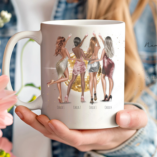 Taza personalizada con ilustración de amigas FIESTA 2 a 10  chicas
